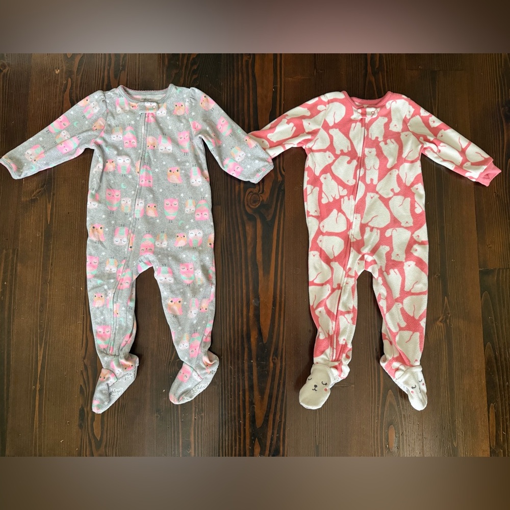 Carter's Pink & Gray Owl and Polar Bear Footed One-Piece Pajamas